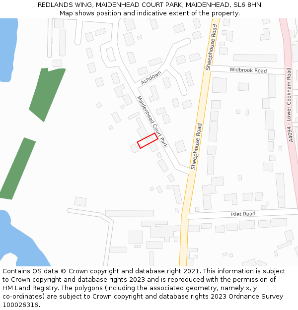 REDLANDS WING, MAIDENHEAD COURT PARK, MAIDENHEAD, SL6 8HN: Location map and indicative extent of plot