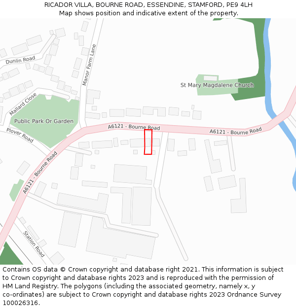 RICADOR VILLA, BOURNE ROAD, ESSENDINE, STAMFORD, PE9 4LH: Location map and indicative extent of plot