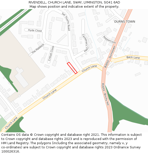 RIVENDELL, CHURCH LANE, SWAY, LYMINGTON, SO41 6AD: Location map and indicative extent of plot