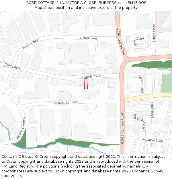 ROSE COTTAGE, 11A, VICTORIA CLOSE, BURGESS HILL, RH15 9QS: Location map and indicative extent of plot