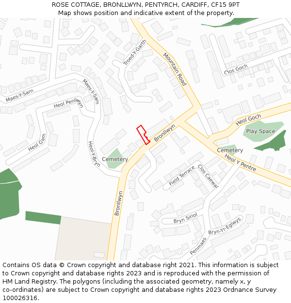 ROSE COTTAGE, BRONLLWYN, PENTYRCH, CARDIFF, CF15 9PT: Location map and indicative extent of plot