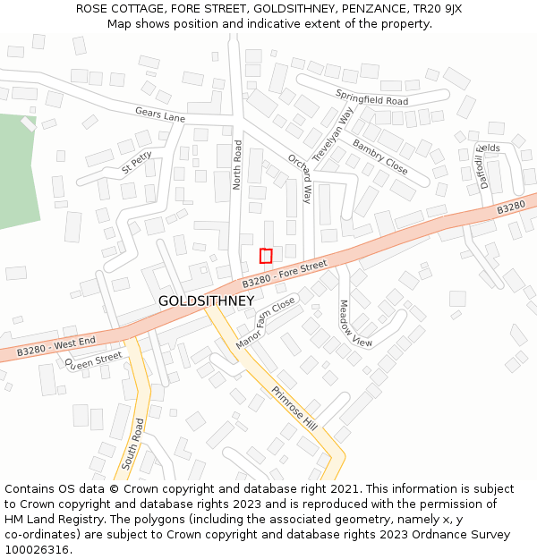 ROSE COTTAGE, FORE STREET, GOLDSITHNEY, PENZANCE, TR20 9JX: Location map and indicative extent of plot