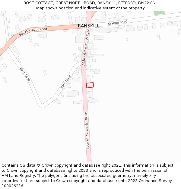 ROSE COTTAGE, GREAT NORTH ROAD, RANSKILL, RETFORD, DN22 8NL: Location map and indicative extent of plot