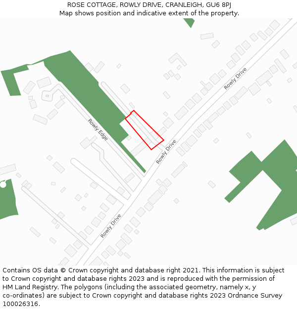 ROSE COTTAGE, ROWLY DRIVE, CRANLEIGH, GU6 8PJ: Location map and indicative extent of plot