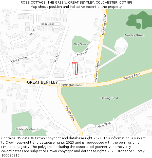 ROSE COTTAGE, THE GREEN, GREAT BENTLEY, COLCHESTER, CO7 8PJ: Location map and indicative extent of plot