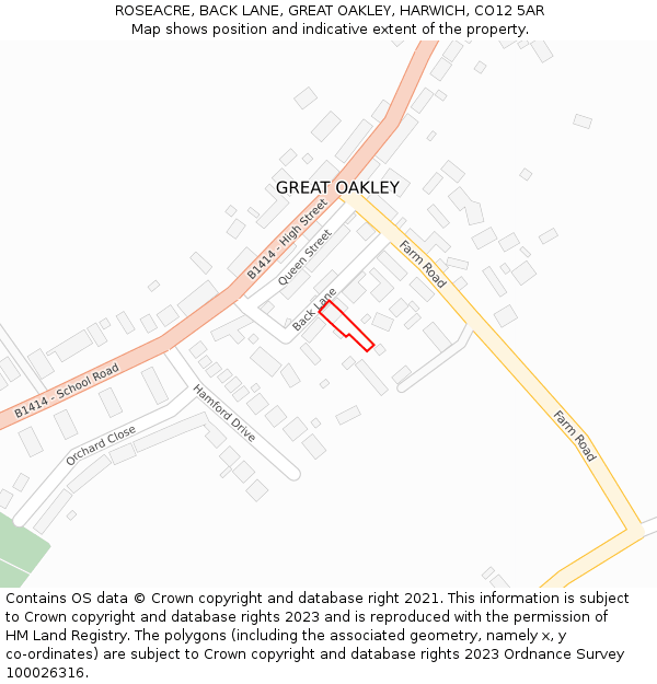 ROSEACRE, BACK LANE, GREAT OAKLEY, HARWICH, CO12 5AR: Location map and indicative extent of plot