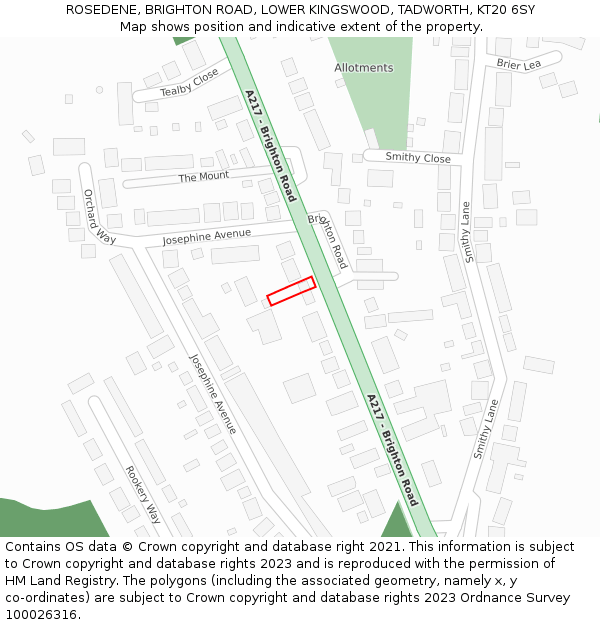 ROSEDENE, BRIGHTON ROAD, LOWER KINGSWOOD, TADWORTH, KT20 6SY: Location map and indicative extent of plot