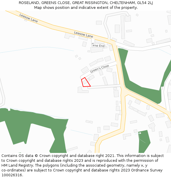 ROSELAND, GREENS CLOSE, GREAT RISSINGTON, CHELTENHAM, GL54 2LJ: Location map and indicative extent of plot