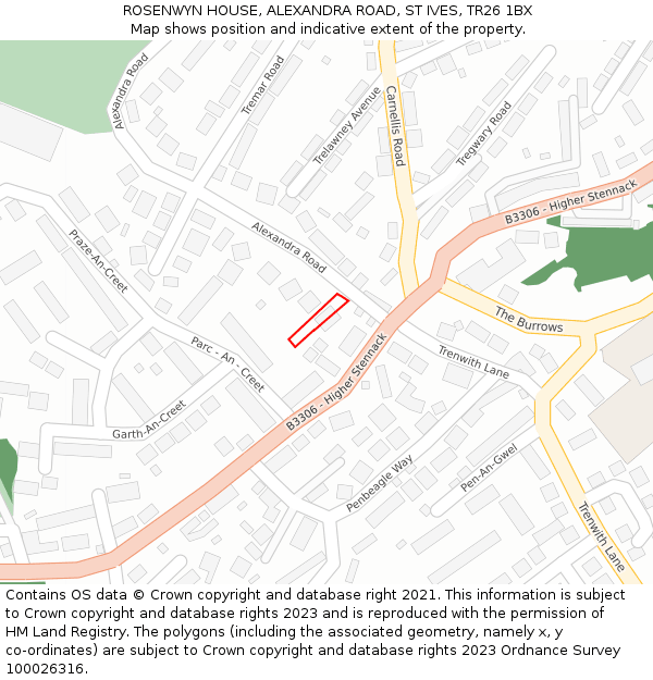 ROSENWYN HOUSE, ALEXANDRA ROAD, ST IVES, TR26 1BX: Location map and indicative extent of plot