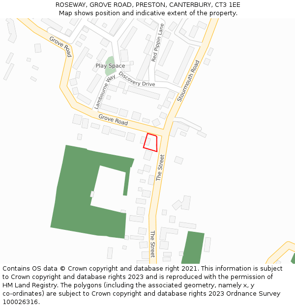 ROSEWAY, GROVE ROAD, PRESTON, CANTERBURY, CT3 1EE: Location map and indicative extent of plot