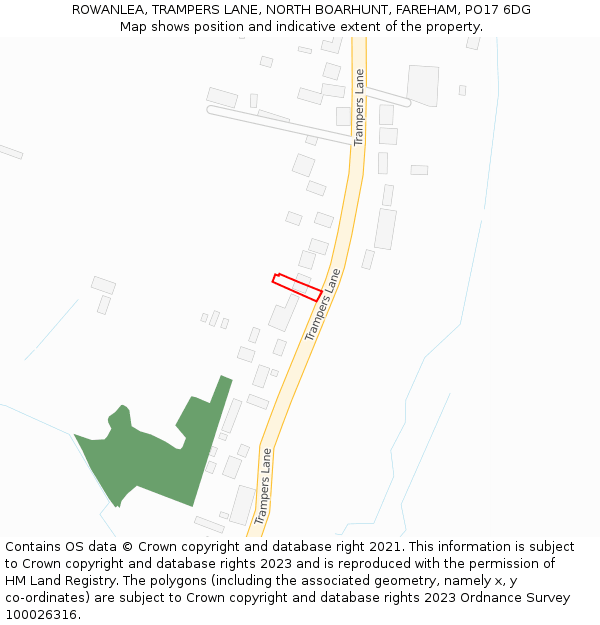 ROWANLEA, TRAMPERS LANE, NORTH BOARHUNT, FAREHAM, PO17 6DG: Location map and indicative extent of plot