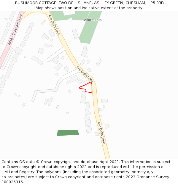 RUSHMOOR COTTAGE, TWO DELLS LANE, ASHLEY GREEN, CHESHAM, HP5 3RB: Location map and indicative extent of plot