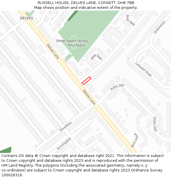 RUSSELL HOUSE, DELVES LANE, CONSETT, DH8 7BB: Location map and indicative extent of plot