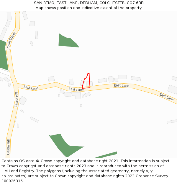 SAN REMO, EAST LANE, DEDHAM, COLCHESTER, CO7 6BB: Location map and indicative extent of plot