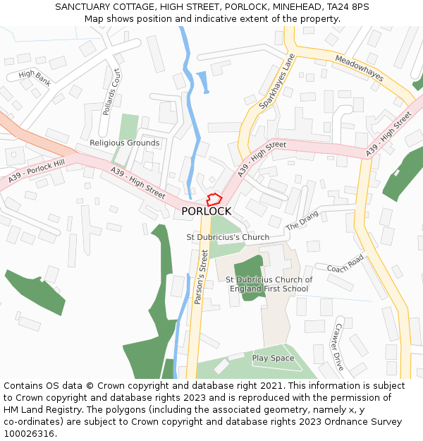 SANCTUARY COTTAGE, HIGH STREET, PORLOCK, MINEHEAD, TA24 8PS: Location map and indicative extent of plot