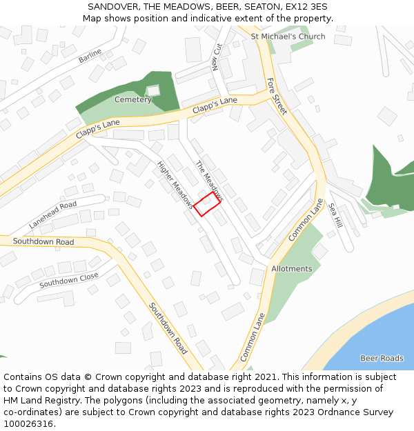 SANDOVER, THE MEADOWS, BEER, SEATON, EX12 3ES: Location map and indicative extent of plot