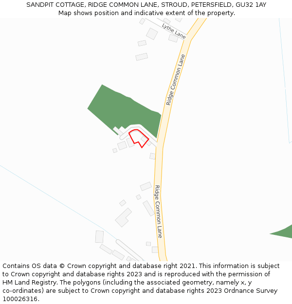 SANDPIT COTTAGE, RIDGE COMMON LANE, STROUD, PETERSFIELD, GU32 1AY: Location map and indicative extent of plot