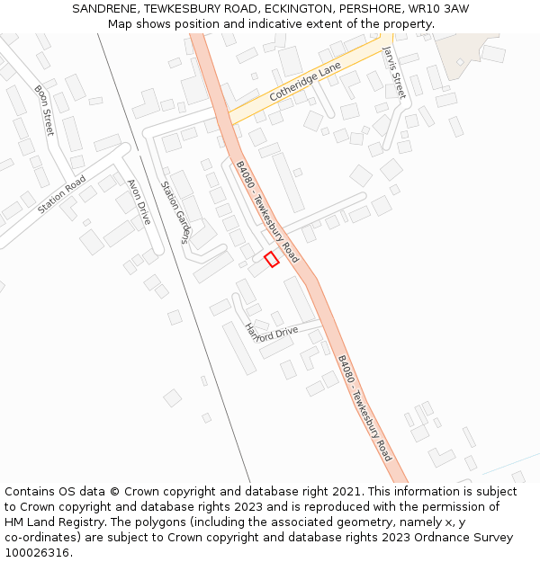 SANDRENE, TEWKESBURY ROAD, ECKINGTON, PERSHORE, WR10 3AW: Location map and indicative extent of plot