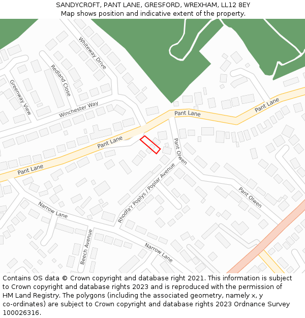 SANDYCROFT, PANT LANE, GRESFORD, WREXHAM, LL12 8EY: Location map and indicative extent of plot