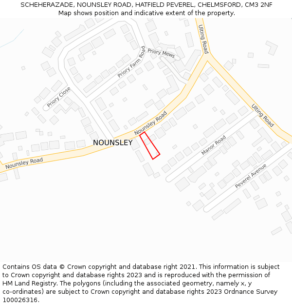 SCHEHERAZADE, NOUNSLEY ROAD, HATFIELD PEVEREL, CHELMSFORD, CM3 2NF: Location map and indicative extent of plot