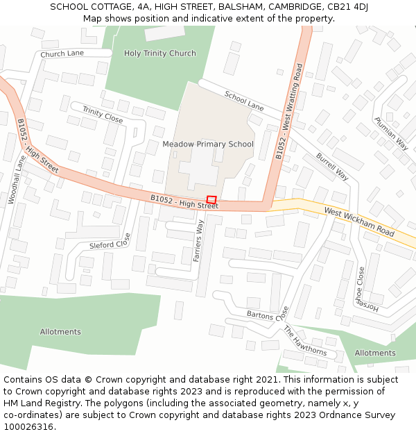 SCHOOL COTTAGE, 4A, HIGH STREET, BALSHAM, CAMBRIDGE, CB21 4DJ: Location map and indicative extent of plot