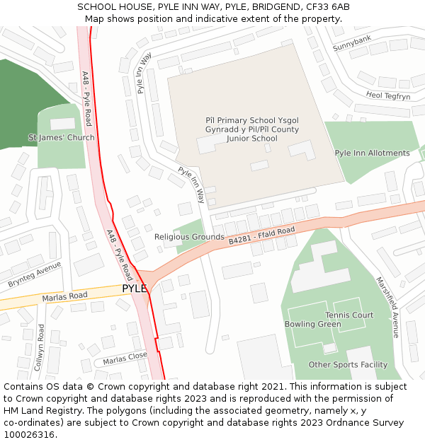 SCHOOL HOUSE, PYLE INN WAY, PYLE, BRIDGEND, CF33 6AB: Location map and indicative extent of plot