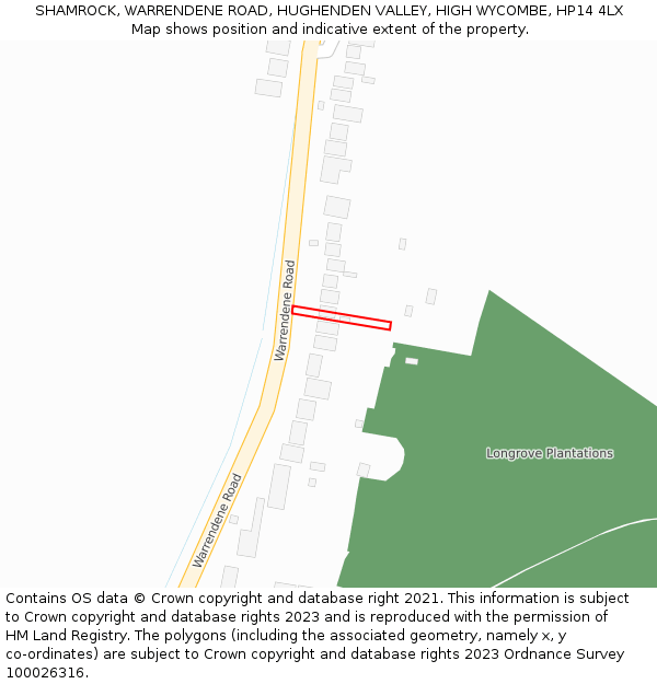 SHAMROCK, WARRENDENE ROAD, HUGHENDEN VALLEY, HIGH WYCOMBE, HP14 4LX: Location map and indicative extent of plot