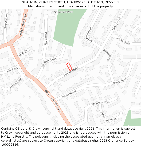 SHANKLIN, CHARLES STREET, LEABROOKS, ALFRETON, DE55 1LZ: Location map and indicative extent of plot