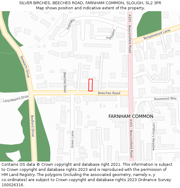 SILVER BIRCHES, BEECHES ROAD, FARNHAM COMMON, SLOUGH, SL2 3PR: Location map and indicative extent of plot