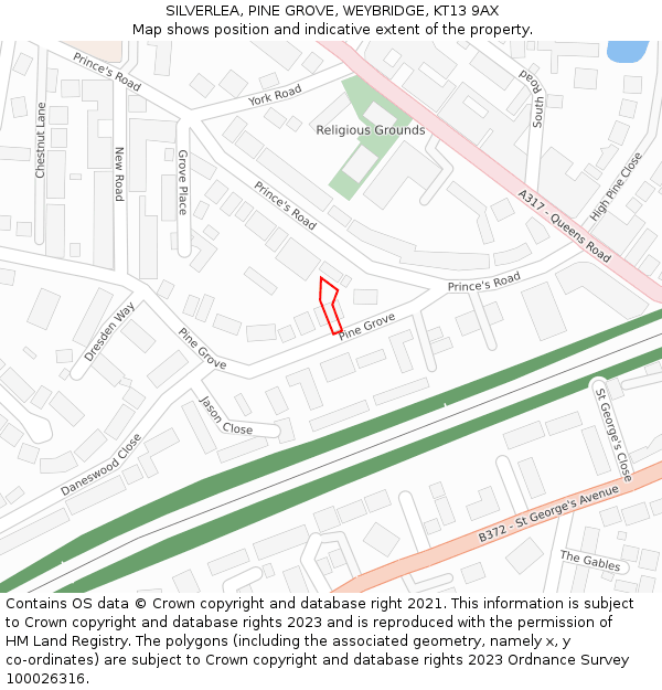 SILVERLEA, PINE GROVE, WEYBRIDGE, KT13 9AX: Location map and indicative extent of plot