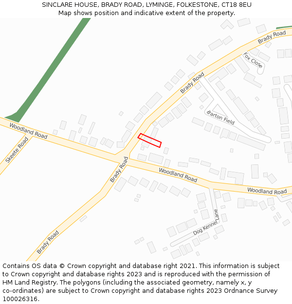 SINCLARE HOUSE, BRADY ROAD, LYMINGE, FOLKESTONE, CT18 8EU: Location map and indicative extent of plot