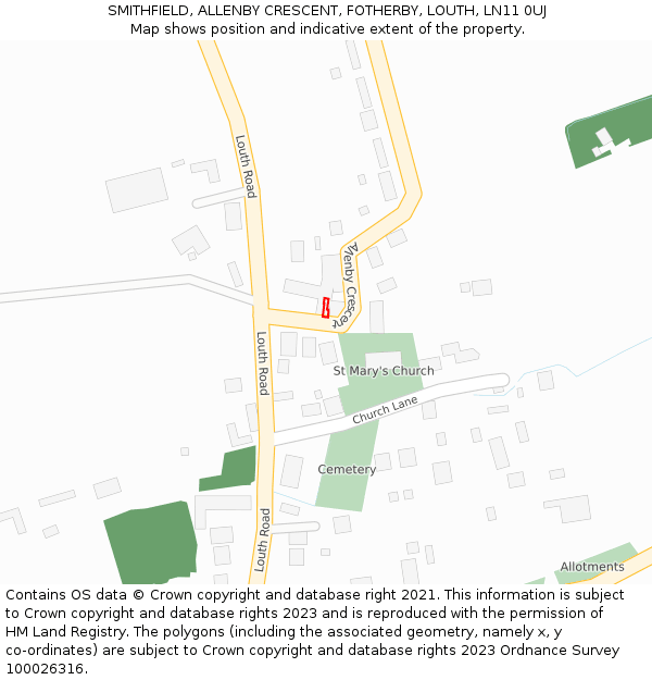SMITHFIELD, ALLENBY CRESCENT, FOTHERBY, LOUTH, LN11 0UJ: Location map and indicative extent of plot