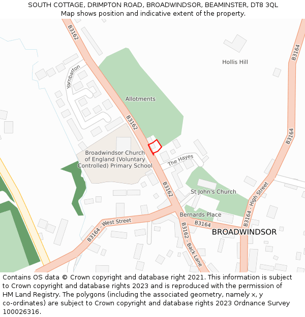 SOUTH COTTAGE, DRIMPTON ROAD, BROADWINDSOR, BEAMINSTER, DT8 3QL: Location map and indicative extent of plot