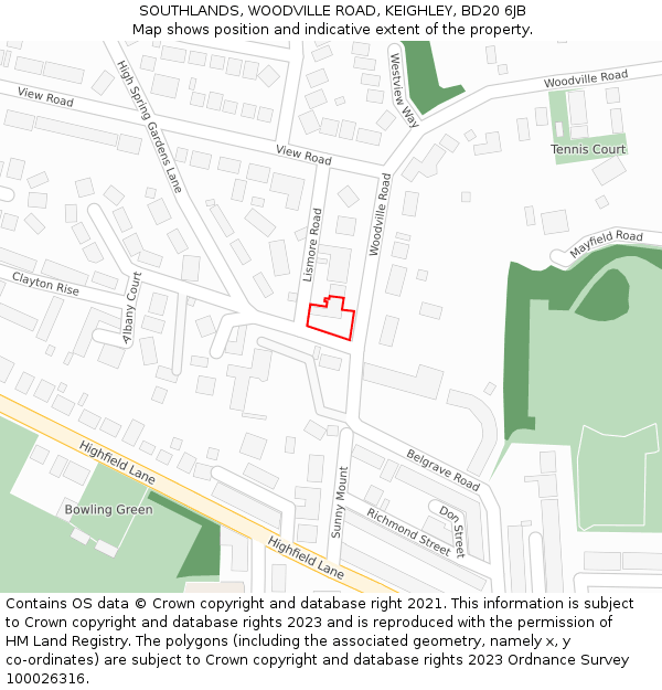 SOUTHLANDS, WOODVILLE ROAD, KEIGHLEY, BD20 6JB: Location map and indicative extent of plot