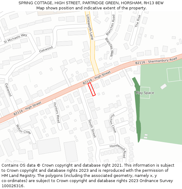 SPRING COTTAGE, HIGH STREET, PARTRIDGE GREEN, HORSHAM, RH13 8EW: Location map and indicative extent of plot