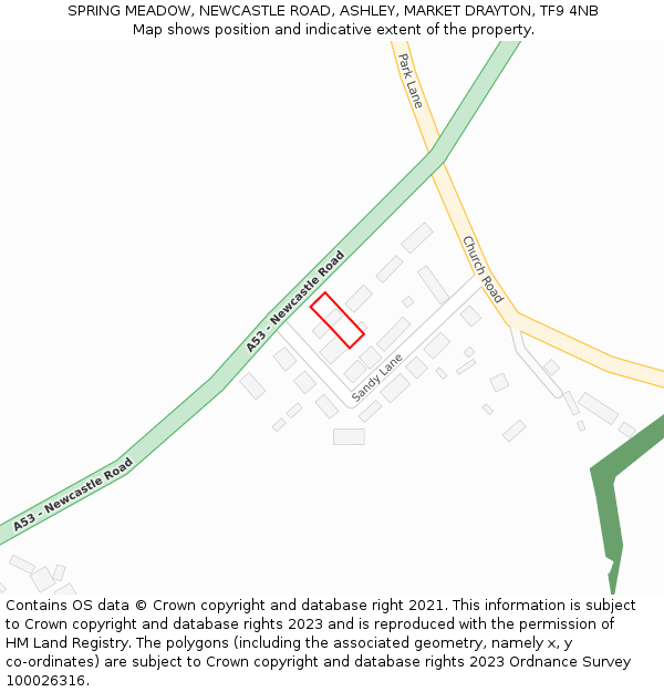 SPRING MEADOW, NEWCASTLE ROAD, ASHLEY, MARKET DRAYTON, TF9 4NB: Location map and indicative extent of plot