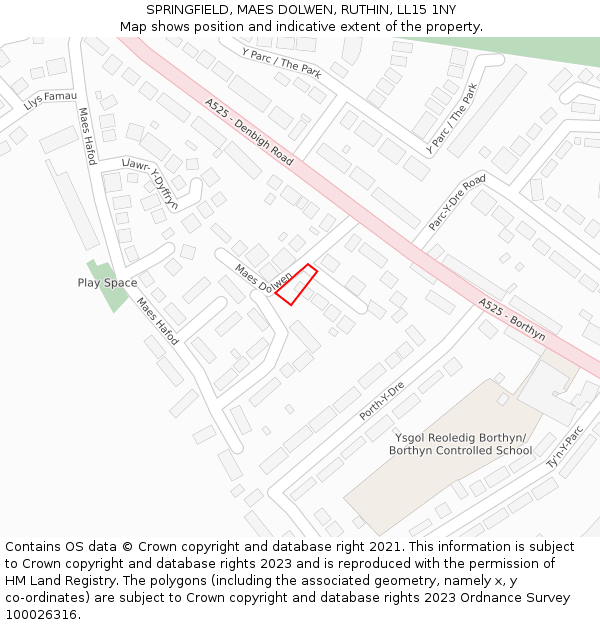 SPRINGFIELD, MAES DOLWEN, RUTHIN, LL15 1NY: Location map and indicative extent of plot