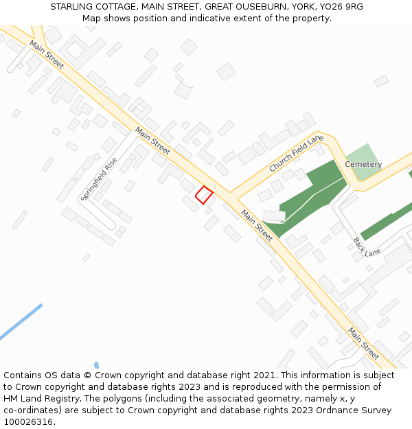 STARLING COTTAGE, MAIN STREET, GREAT OUSEBURN, YORK, YO26 9RG: Location map and indicative extent of plot