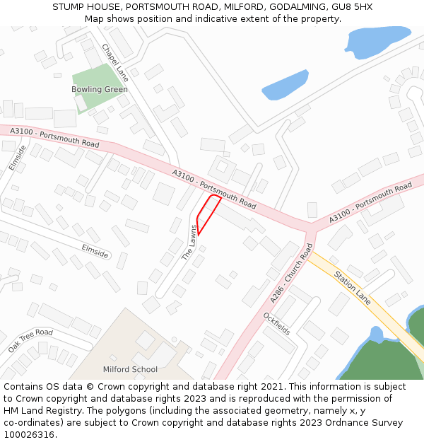 STUMP HOUSE, PORTSMOUTH ROAD, MILFORD, GODALMING, GU8 5HX: Location map and indicative extent of plot