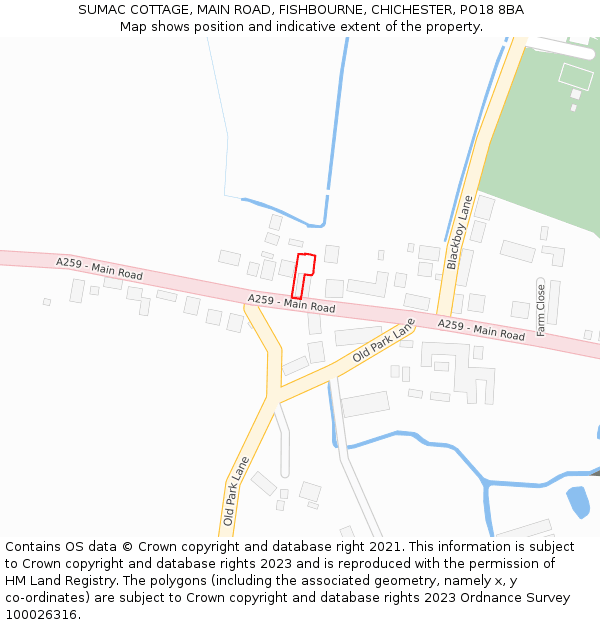 SUMAC COTTAGE, MAIN ROAD, FISHBOURNE, CHICHESTER, PO18 8BA: Location map and indicative extent of plot