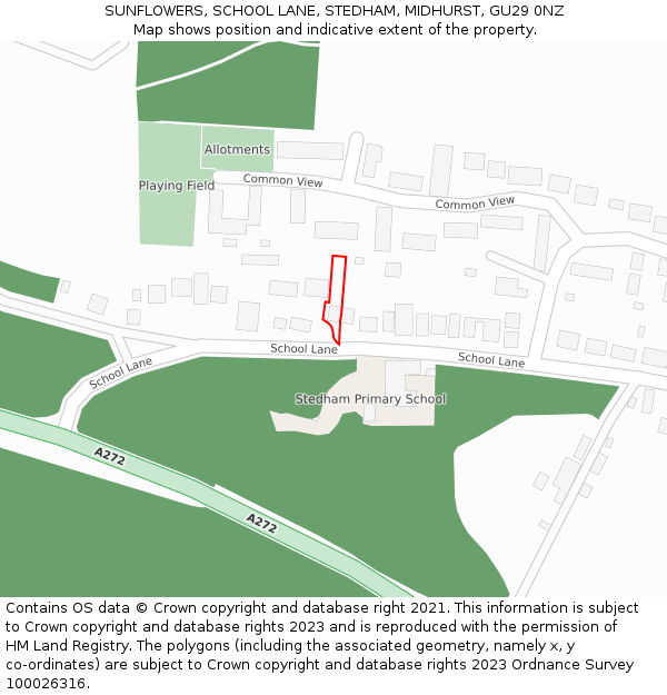 SUNFLOWERS, SCHOOL LANE, STEDHAM, MIDHURST, GU29 0NZ: Location map and indicative extent of plot