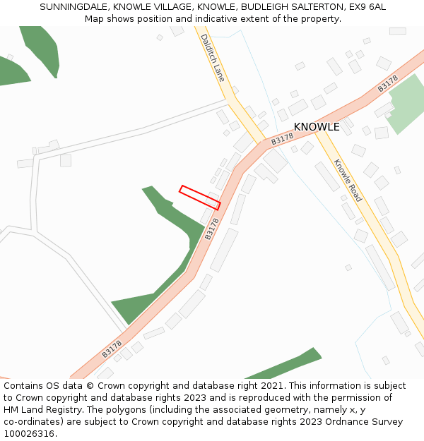 SUNNINGDALE, KNOWLE VILLAGE, KNOWLE, BUDLEIGH SALTERTON, EX9 6AL: Location map and indicative extent of plot