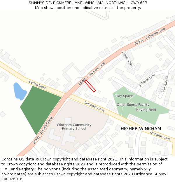 SUNNYSIDE, PICKMERE LANE, WINCHAM, NORTHWICH, CW9 6EB: Location map and indicative extent of plot