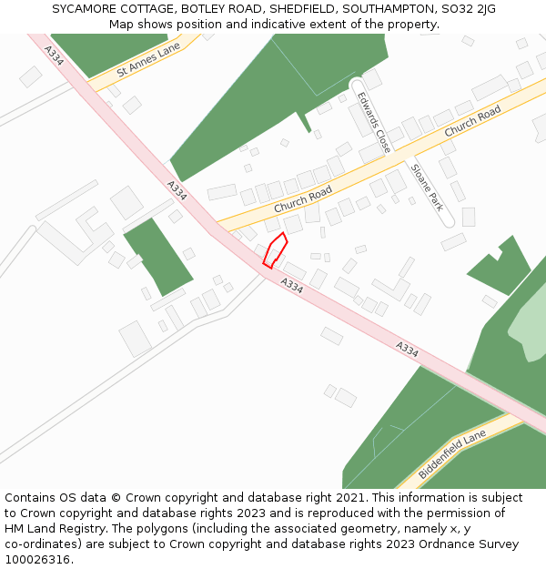 SYCAMORE COTTAGE, BOTLEY ROAD, SHEDFIELD, SOUTHAMPTON, SO32 2JG: Location map and indicative extent of plot