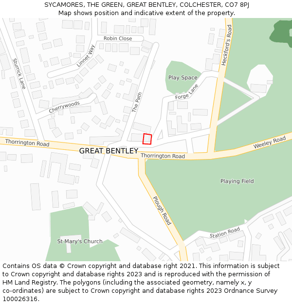 SYCAMORES, THE GREEN, GREAT BENTLEY, COLCHESTER, CO7 8PJ: Location map and indicative extent of plot