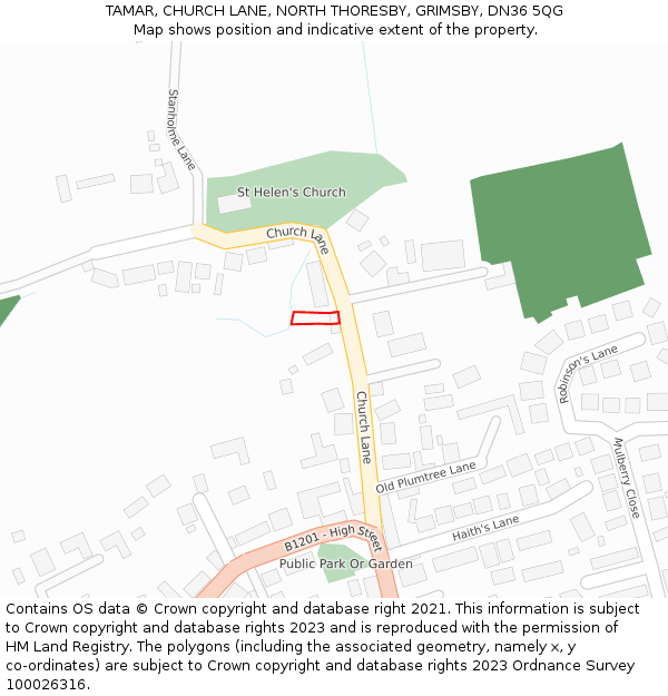 TAMAR, CHURCH LANE, NORTH THORESBY, GRIMSBY, DN36 5QG: Location map and indicative extent of plot