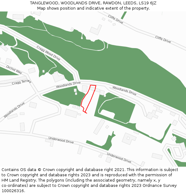 TANGLEWOOD, WOODLANDS DRIVE, RAWDON, LEEDS, LS19 6JZ: Location map and indicative extent of plot