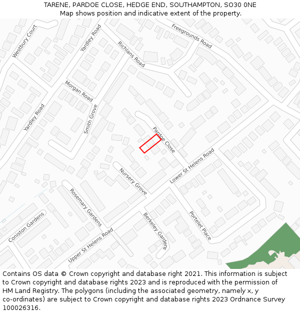 TARENE, PARDOE CLOSE, HEDGE END, SOUTHAMPTON, SO30 0NE: Location map and indicative extent of plot