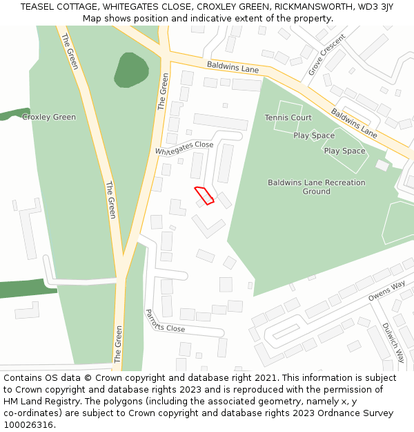 TEASEL COTTAGE, WHITEGATES CLOSE, CROXLEY GREEN, RICKMANSWORTH, WD3 3JY: Location map and indicative extent of plot