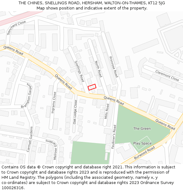 THE CHINES, SNELLINGS ROAD, HERSHAM, WALTON-ON-THAMES, KT12 5JG: Location map and indicative extent of plot